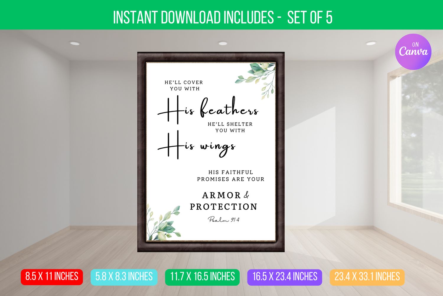 EDITABLE He Will Cover You With His Feathers, Psalm 91:4, Modern Christian wall art, Scripture art, Bible Verse Digital Download