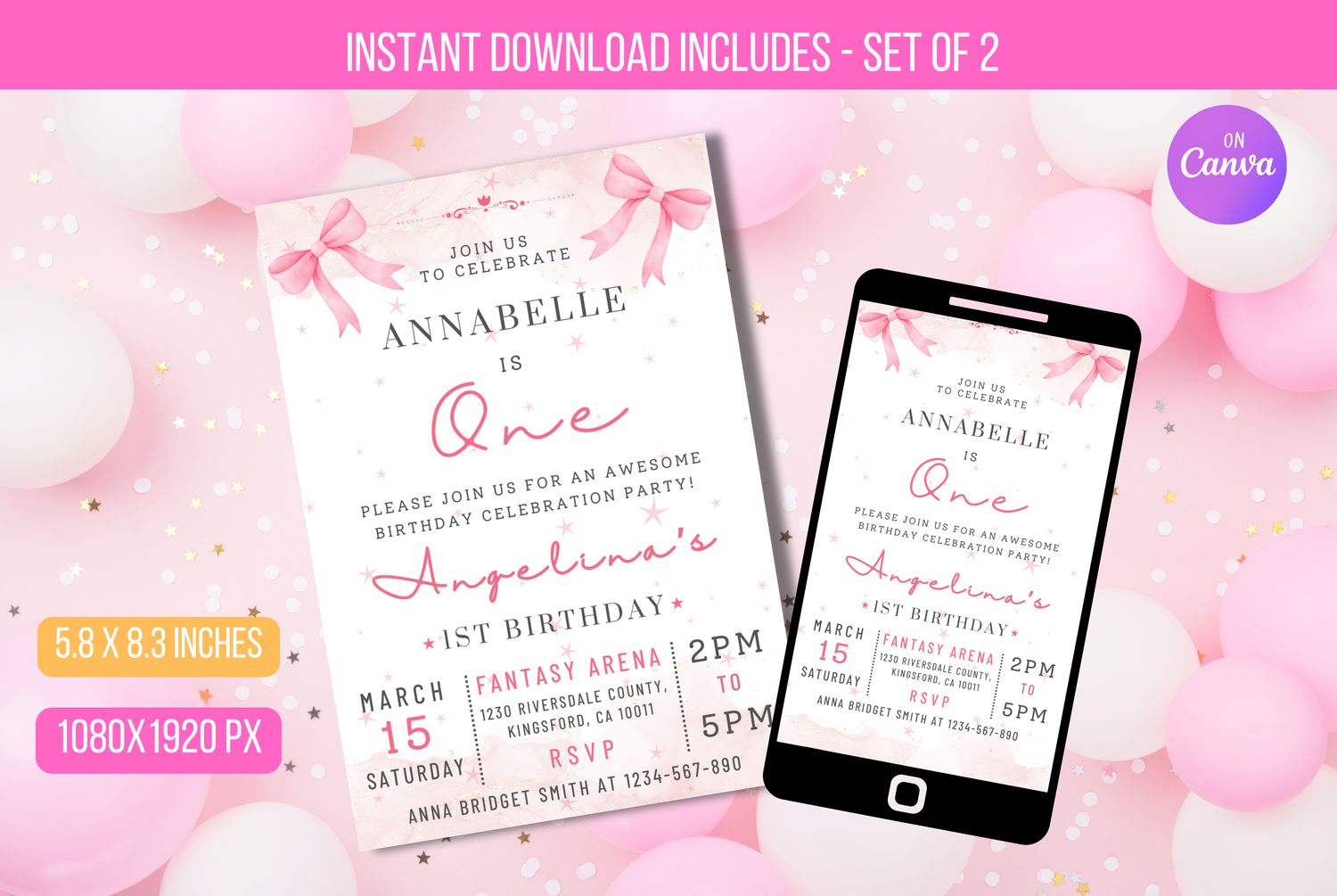 EDITABLE 1st Birthday Invitation Template, Retro First Birthday Evite for Girl, Digital Birthday Invite, Digital Template Instant Download