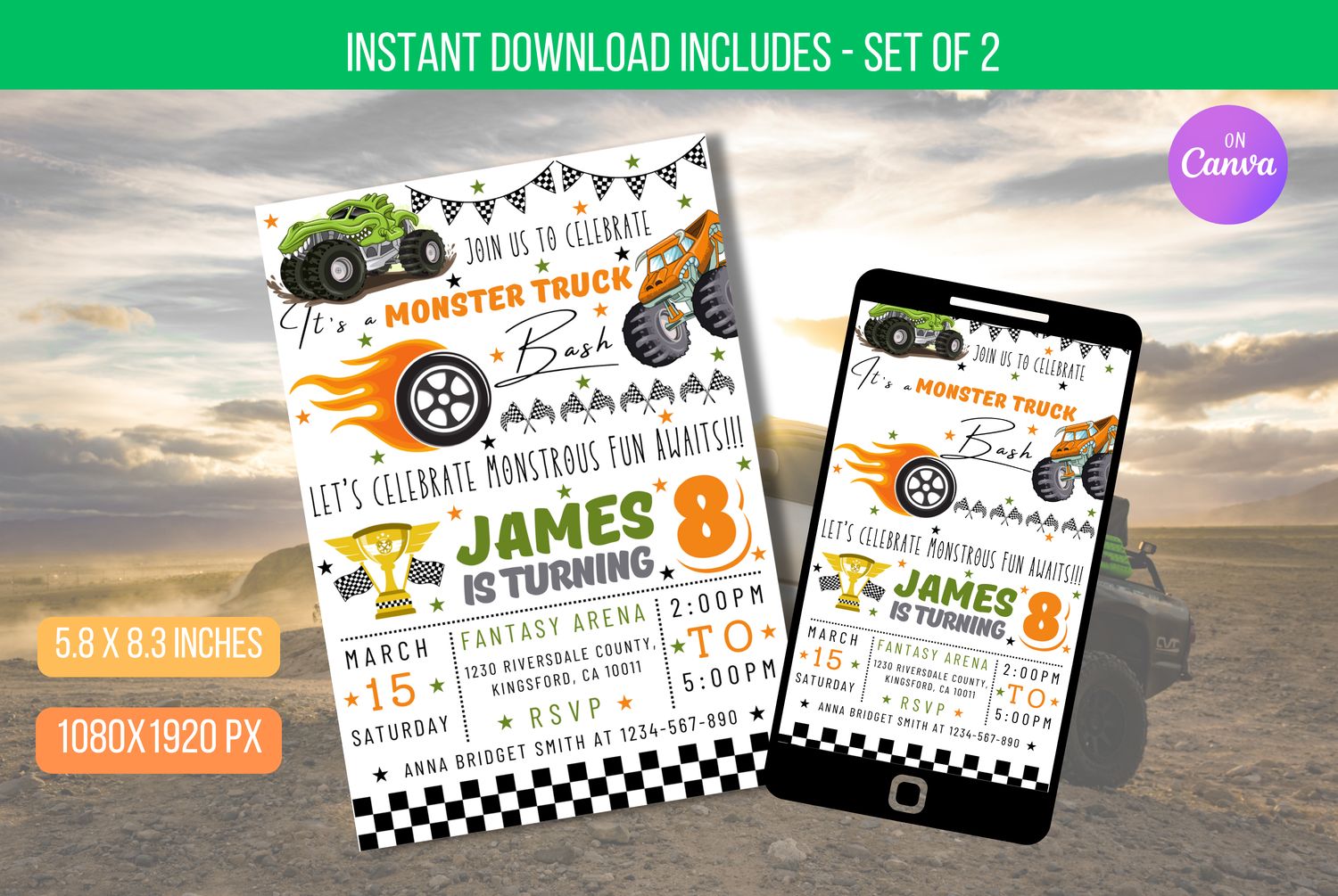 EDITABLE Monster Truck Birthday Invitation, Boy Monster Truck Invite, Boom Crash It&#39;s A Monster Truck Bash! birthday boy Instant Download