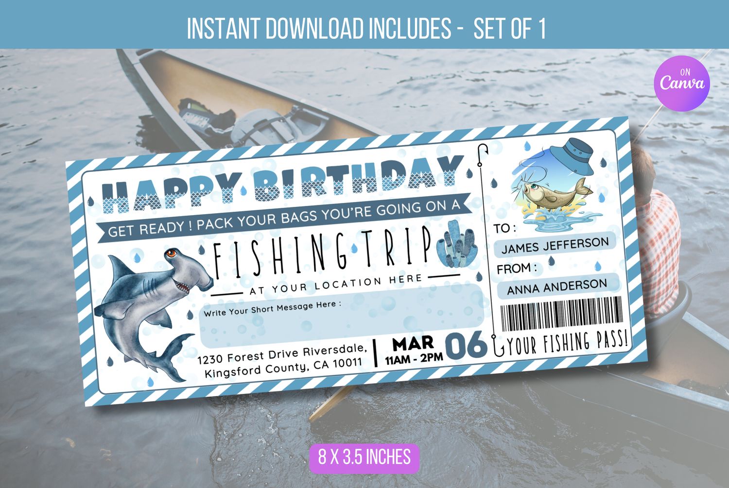 EDITABLE Fishing Trip Ticket, Fishing Experience Day Trip Voucher Coupon, Birthday Surprise Fishing Trip Reveal Gift Certificate Download