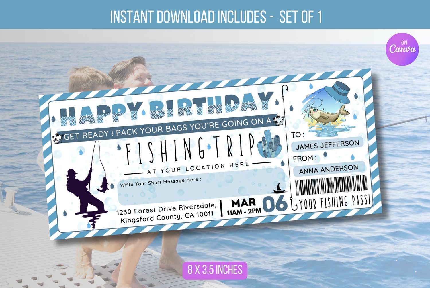 EDITABLE Fishing Trip Ticket, Fishing Experience Day Trip Voucher Coupon, Birthday Surprise Fishing Trip Reveal Gift Certificate Download