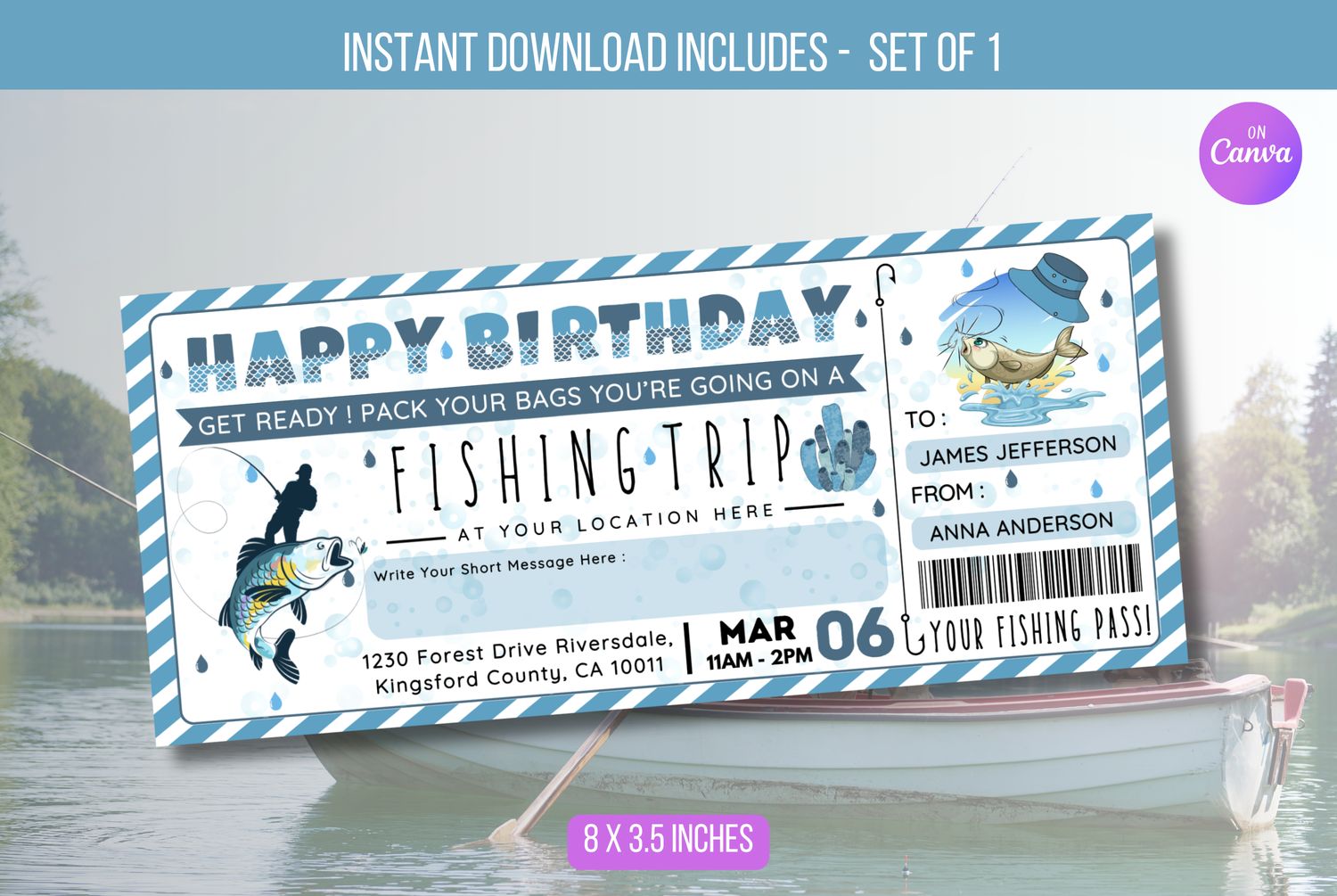 EDITABLE Fishing Trip Ticket, Fishing Experience Day Trip Voucher Coupon, Birthday Surprise Fishing Trip Reveal Gift Certificate Download