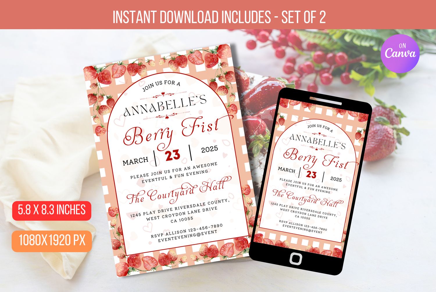 EDITABLE Berry First Birthday Invitation, Summer Birthday Invitation,  Strawberry 1st Birthday Invite, Berry 1st Birthday Invite Download