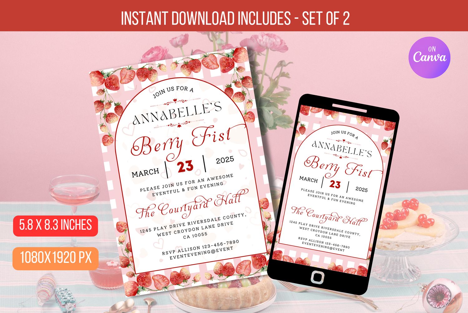 EDITABLE Berry First Birthday Invitation, Summer Birthday Invitation,  Strawberry 1st Birthday Invite, Berry 1st Birthday Invite Download