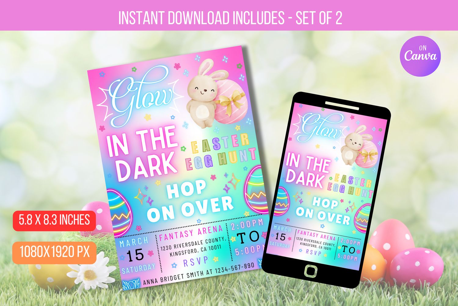 EDITABLE Glow In The Dark Easter Egg Hunt Invitation, Neon Glow Easter Kids Egg Hunt Party , Neon Easter Egg Hunt Party Instant Download