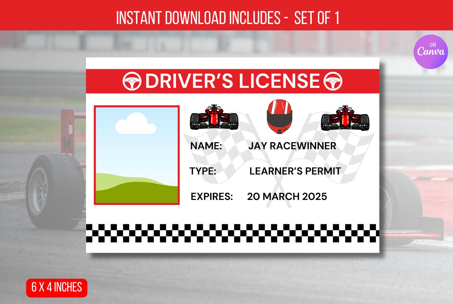 EDITABLE Race Car Drivers License Birthday Party Decorations, ID Badge Template For Kids License, Identification Card Instant Download