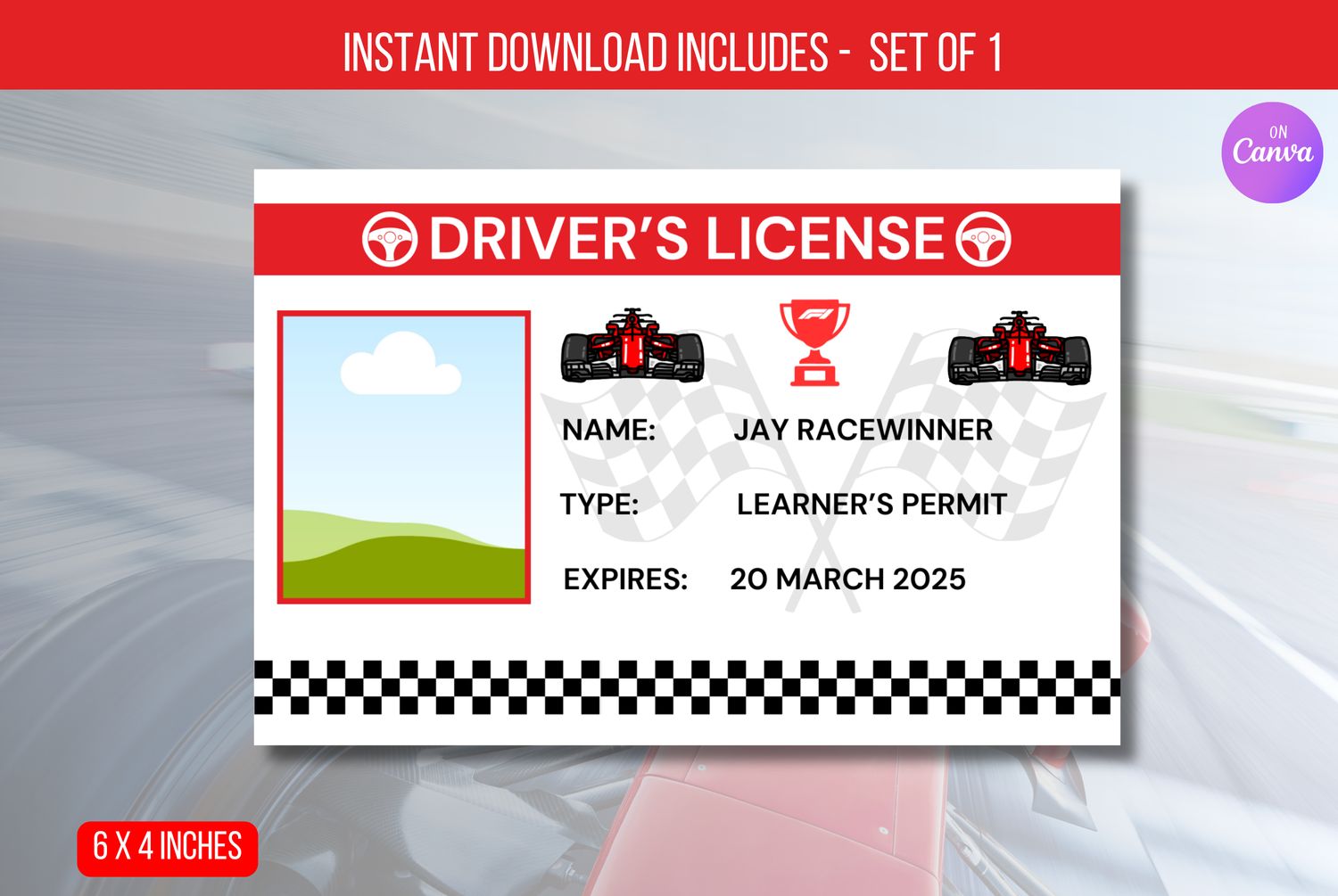 EDITABLE Race Car Drivers License Birthday Party Decorations, ID Badge Template For Kids License, Identification Card Instant Download