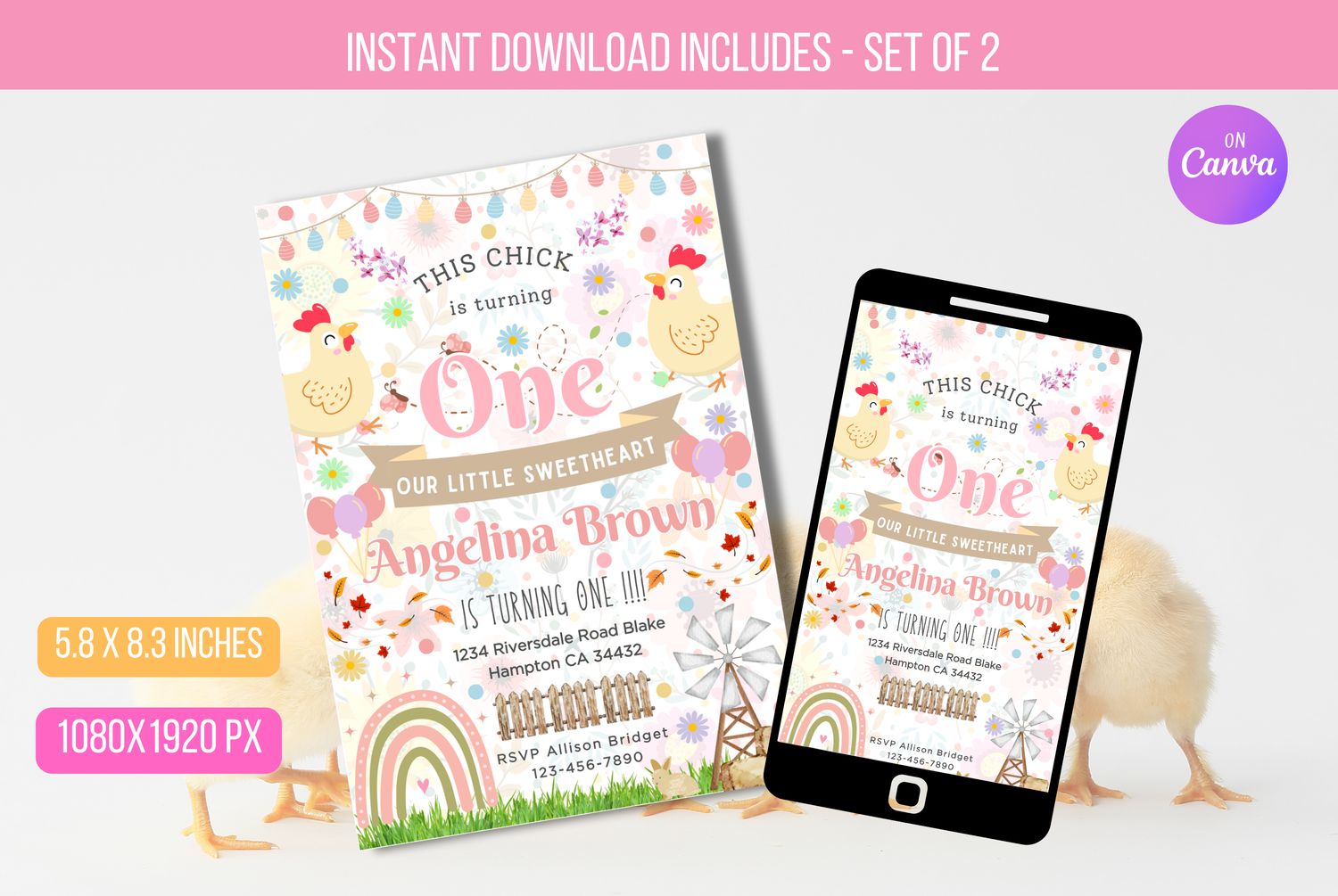EDITABLE Invitation to a Chicken Birthday Party This Chick&#39;s First Birthday Celebration at Spring Farm Barnyard Chicken Instant Download