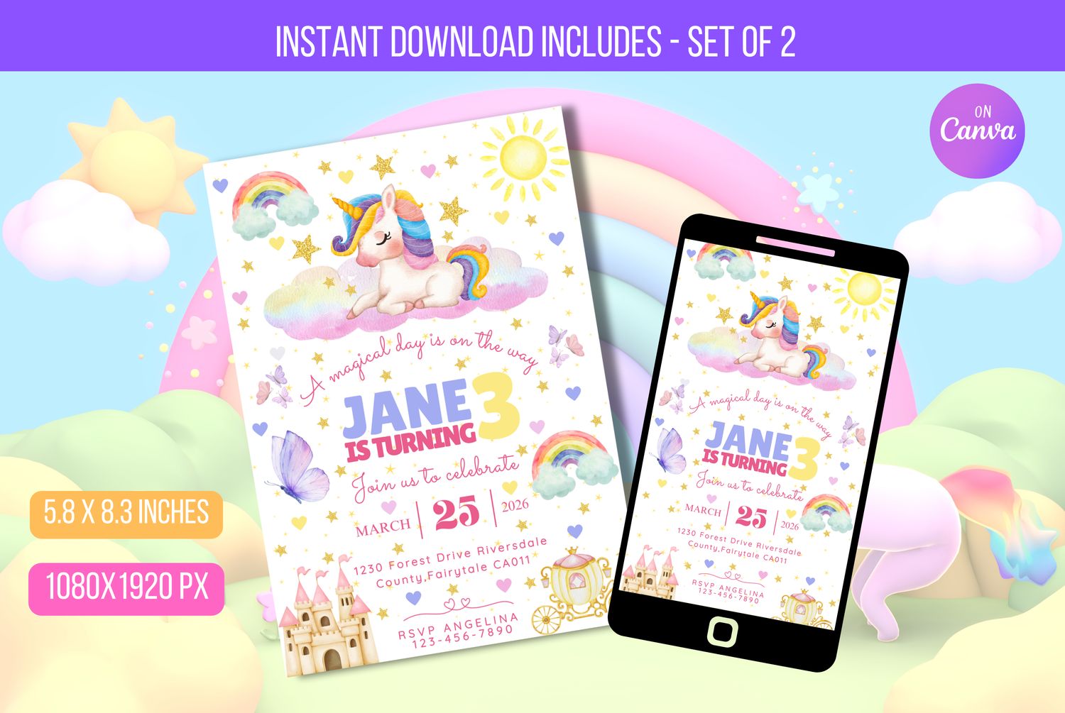 EDITBALE Unicorn Birthday Invitation, Unicorn Themed Party, Unicorn Rainbow Party Invite, Unicorn Birthday Invite Instant download