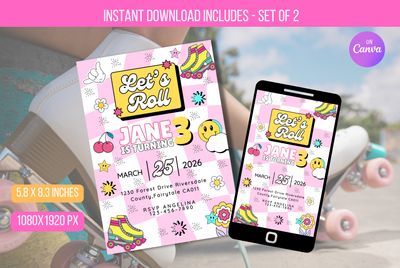 Editable Roller Skating Birthday Invitation, Retro Groovy Let&#39;s Have a Good Time 70s Roller Skating Rink Birthday Instant Download