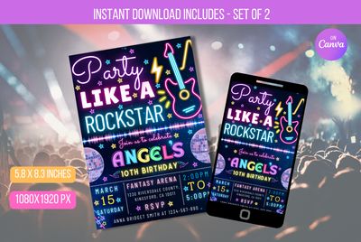 EDITABLE Rock Star Birthday Party, Like the Birthday of a Rock Star, a Neon Glow Party  Singing Music Party with Neon Glow Instant Download