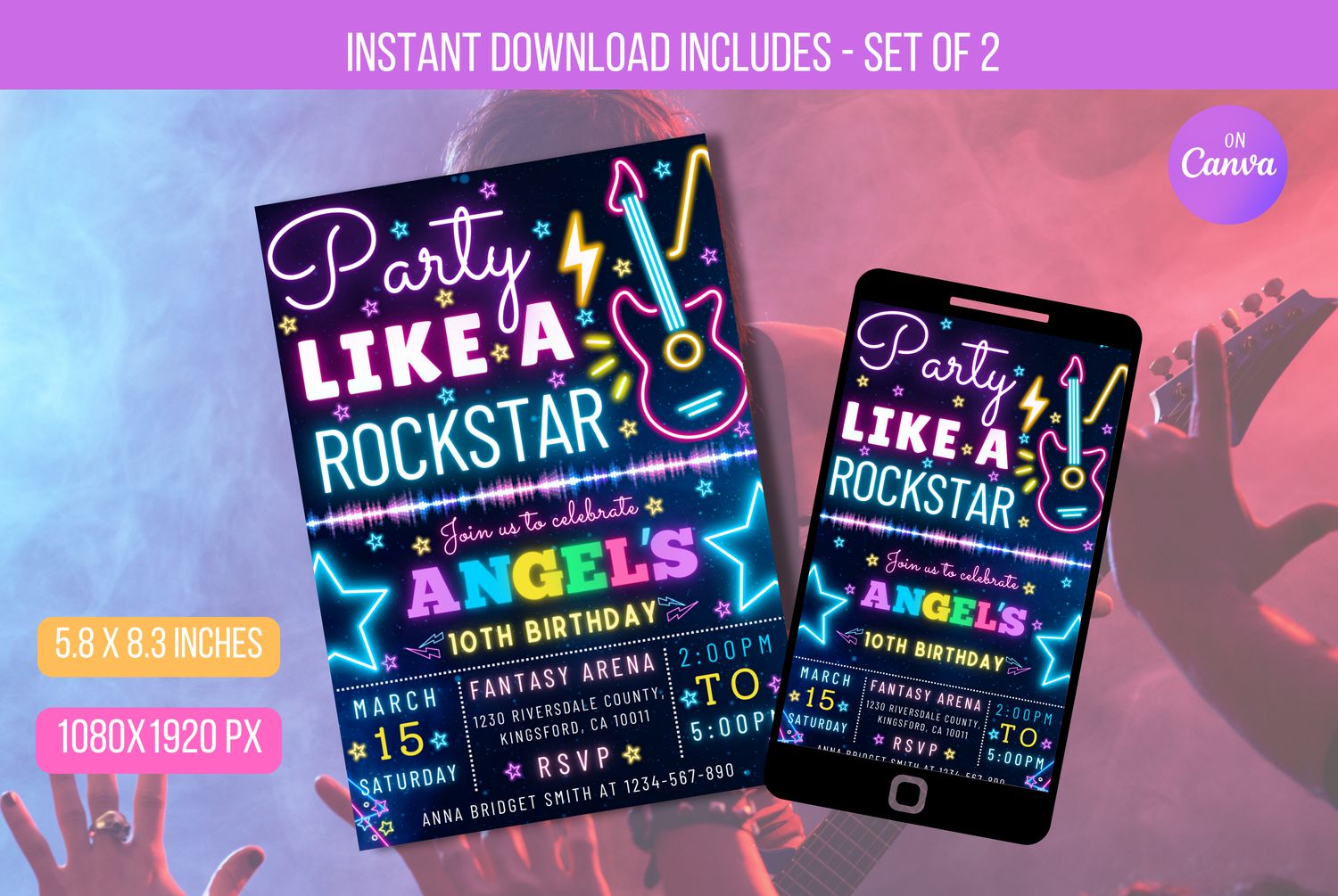 EDITABLE Rock Star Birthday Party, Like the Birthday of a Rock Star, a Neon Glow Party  Singing Music Party with Neon Glow Instant Download