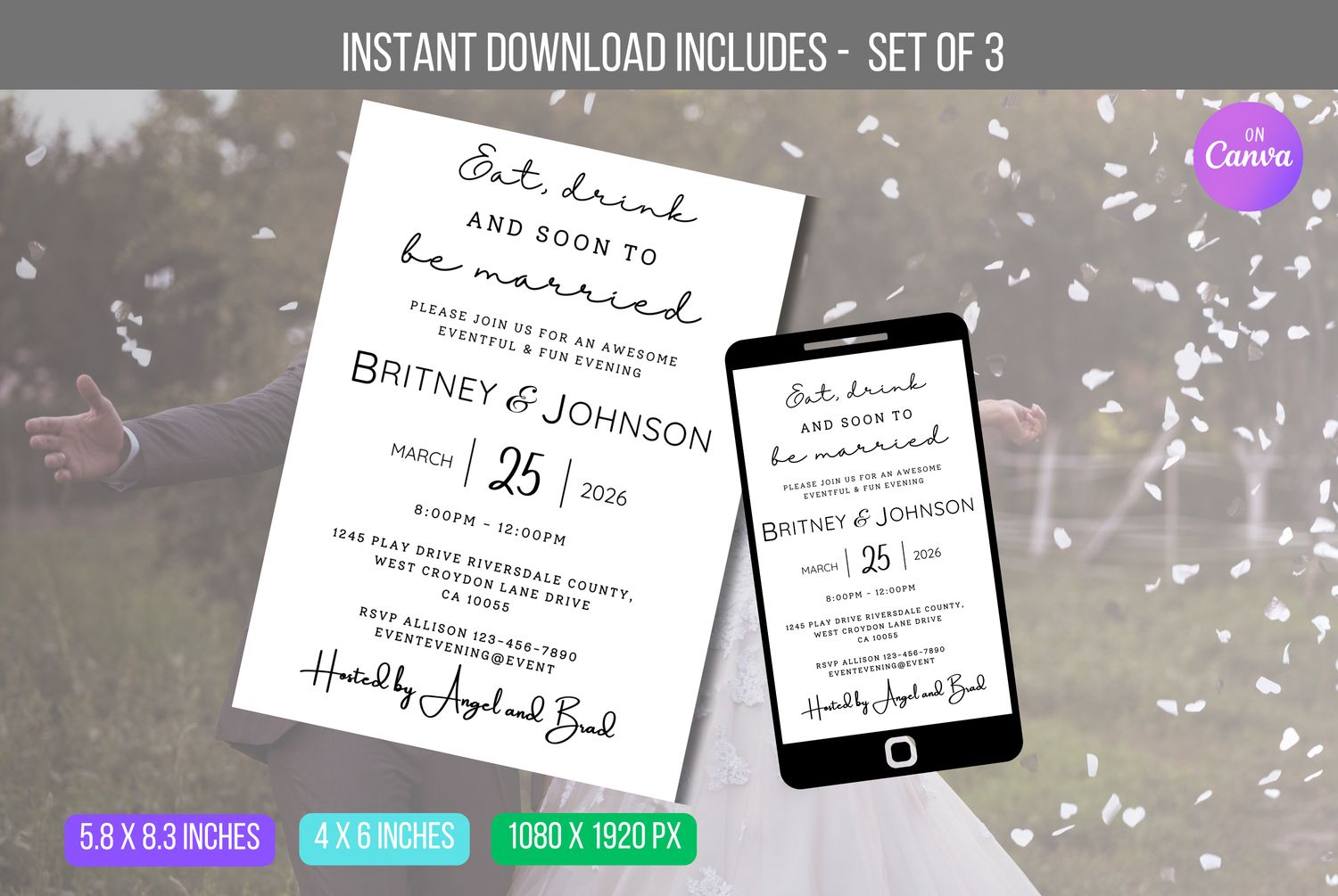 EDITABLE Eat Drink &amp; Be Married, Couples Shower Invitation Template, Printable Modern Wedding Shower Invite Instant Download