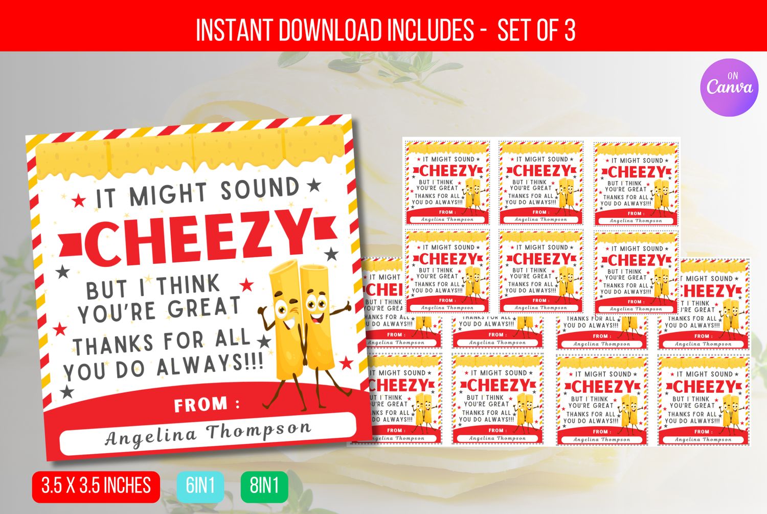 EDITABLE It might sound cheesy But I think you are great, Cheese Cracker Thank You Tag,  Teacher Appreciation, Cheesy Tag Nurse Download