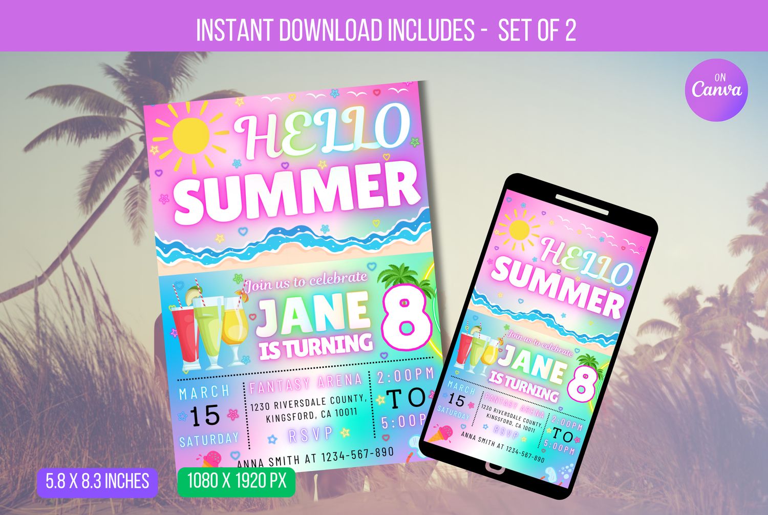 EDITABLE Hello Summer Party Invitation, Summer Birthday Party, Neon Summer Birthday, Neon E-vite Instant Download