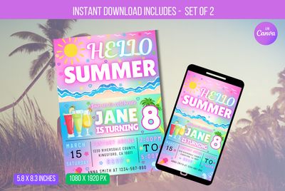 EDITABLE Hello Summer Party Invitation, Summer Birthday Party, Neon Summer Birthday, Neon E-vite Instant Download