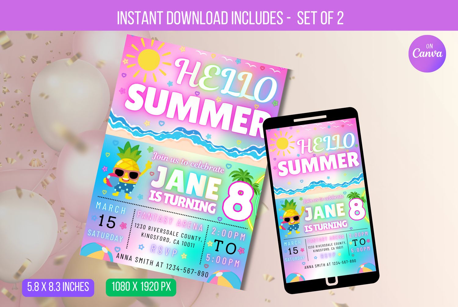 EDITABLE Hello Summer Party Invitation, Summer Birthday Party, Neon Summer Birthday, Neon E-vite Instant Download