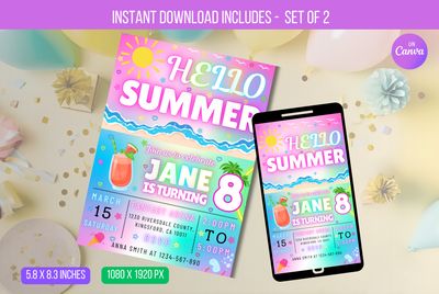 EDITABLE Hello Summer Party Invitation, Summer Birthday Party, Neon Summer Birthday, Neon E-vite Instant Download