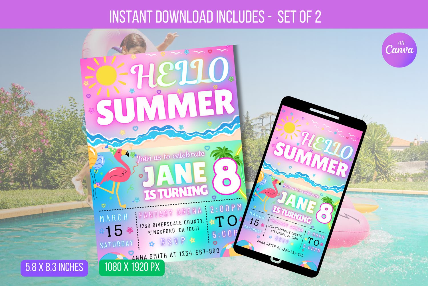 EDITABLE Hello Summer Party Invitation, Summer Birthday Party, Neon Summer Birthday, Neon E-vite Instant Download