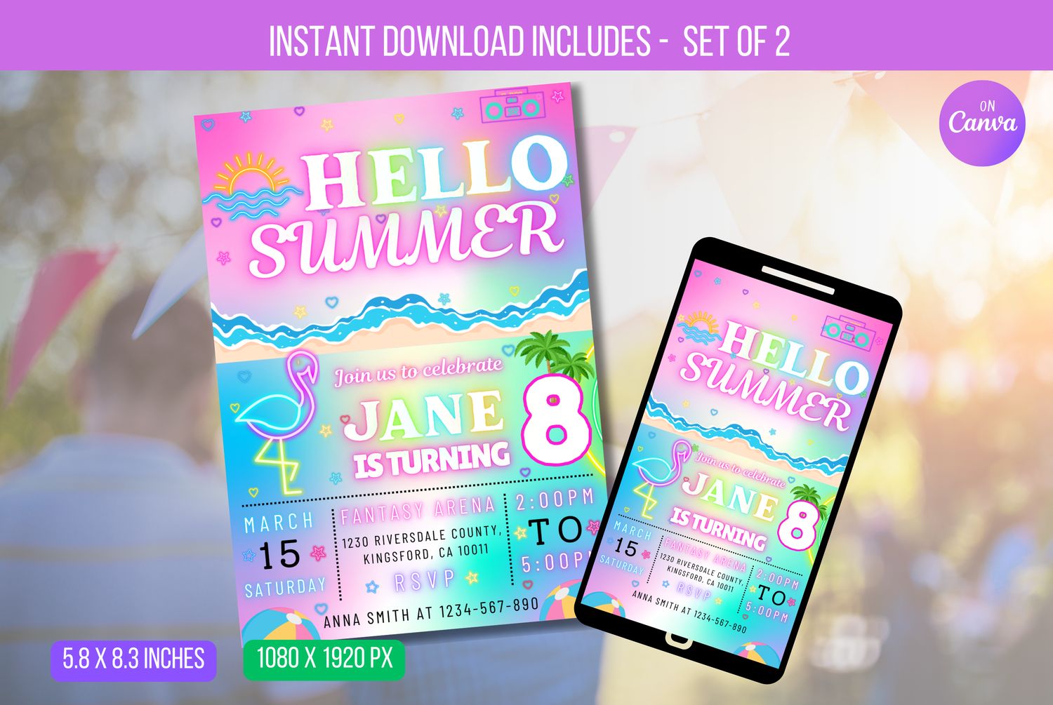 EDITABLE Hello Summer Party Invitation, Summer Birthday Party, Neon Summer Birthday, Neon E-vite Instant Download