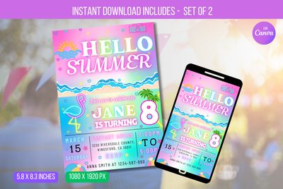 EDITABLE Hello Summer Party Invitation, Summer Birthday Party, Neon Summer Birthday, Neon E-vite Instant Download