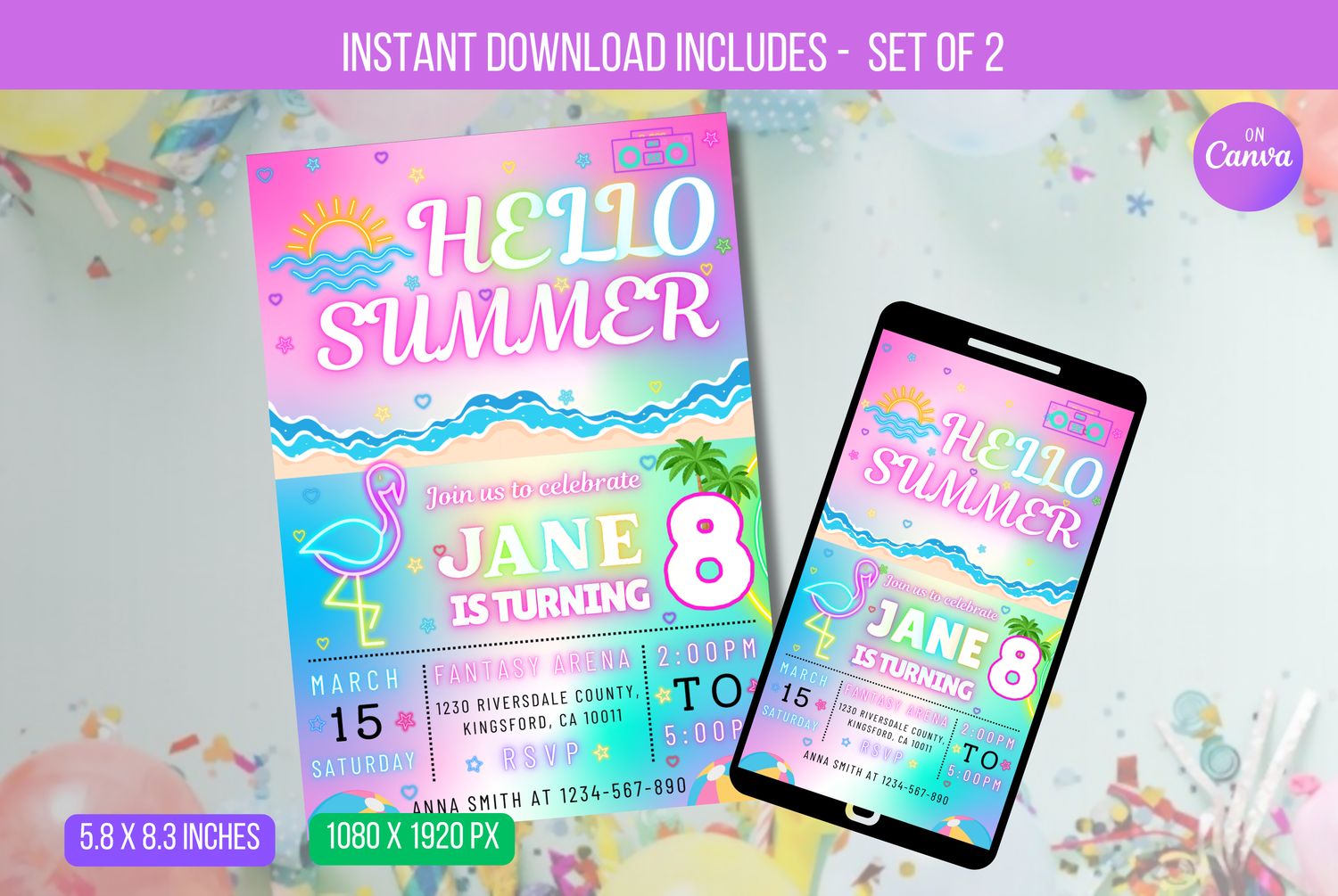 EDITABLE Hello Summer Party Invitation, Summer Birthday Party, Neon Summer Birthday, Neon E-vite Instant Download