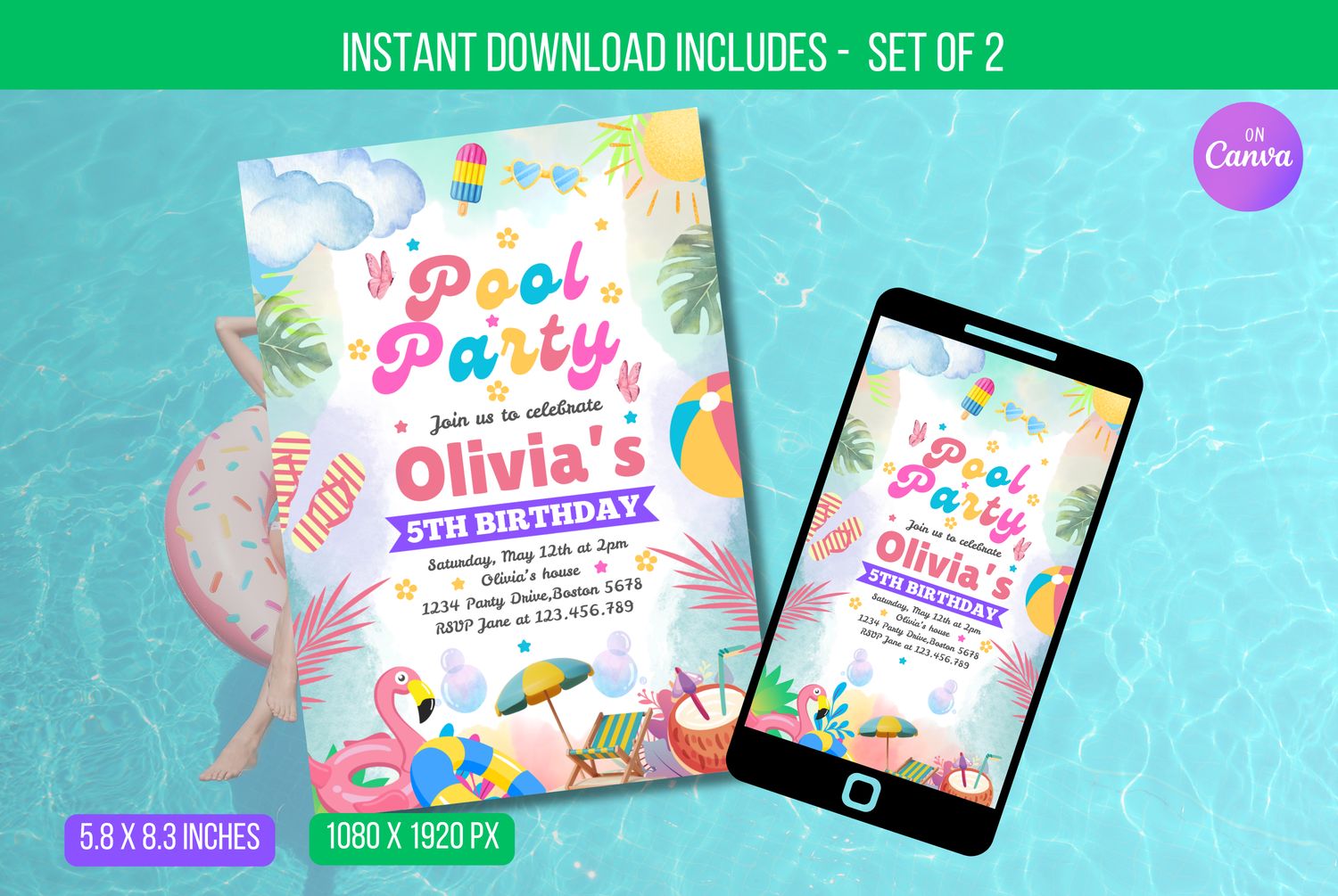 EDITABLE Pool Party Invitation to a tropical splashy pool party for girls, Summer Pool Splash Pad Celebration Instant Download