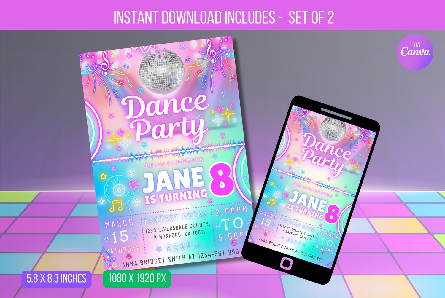 EDITABLE Dance Party Invitation, Neon Dance Party Invitation, Glow Tie Dye Dance Party Neon Glow Disco Dance Party Instant Download