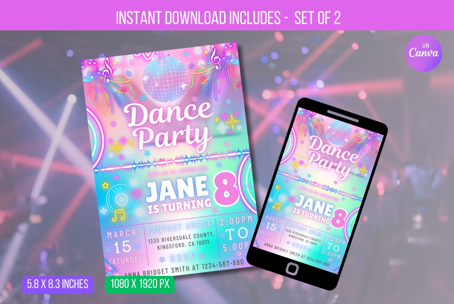 EDITABLE Dance Party Invitation, Neon Dance Party Invitation, Glow Tie Dye Dance Party Neon Glow Disco Dance Party Instant Download