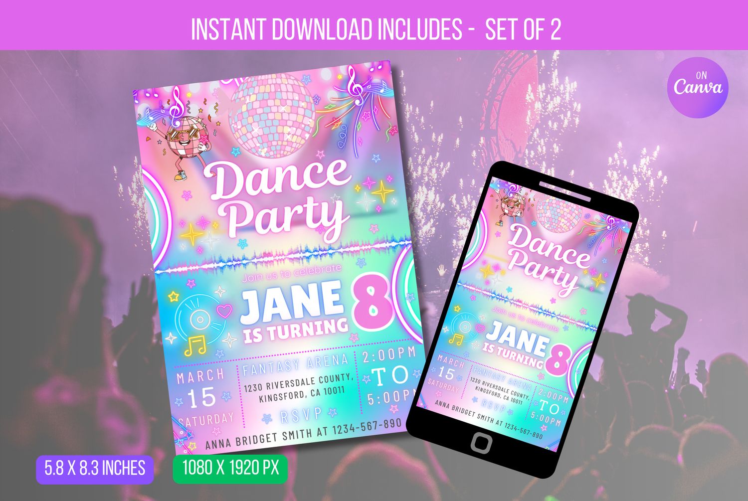 EDITABLE Dance Party Invitation, Neon Dance Party Invitation, Glow Tie Dye Dance Party Neon Glow Disco Dance Party Instant Download