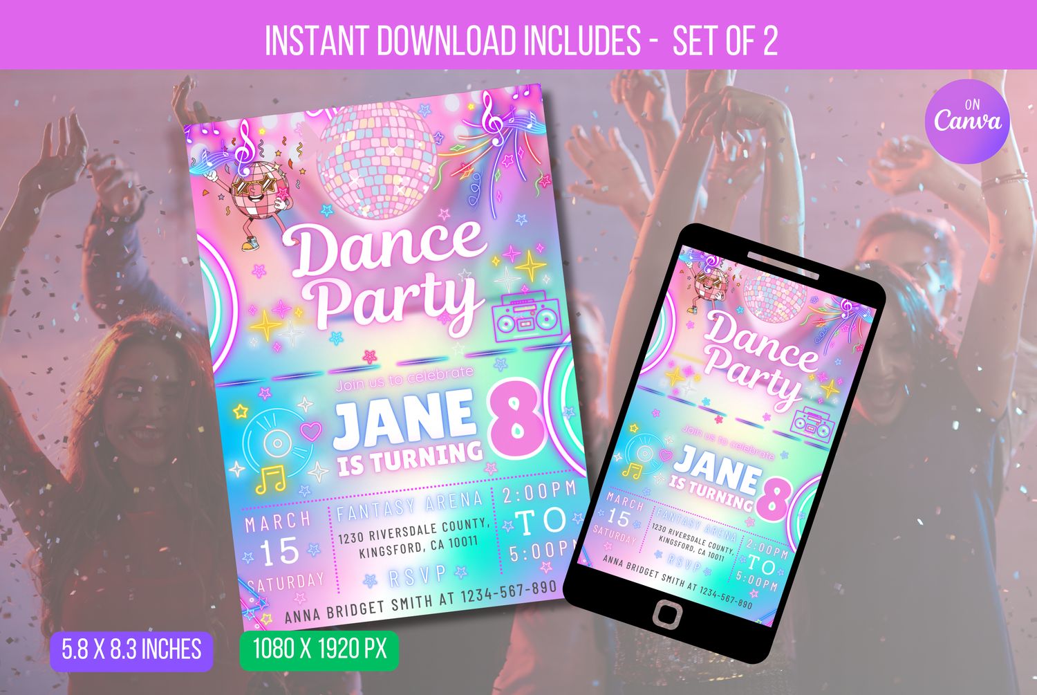 EDITABLE Dance Party Invitation, Neon Dance Party Invitation, Glow Tie Dye Dance Party Neon Glow Disco Dance Party Instant Download