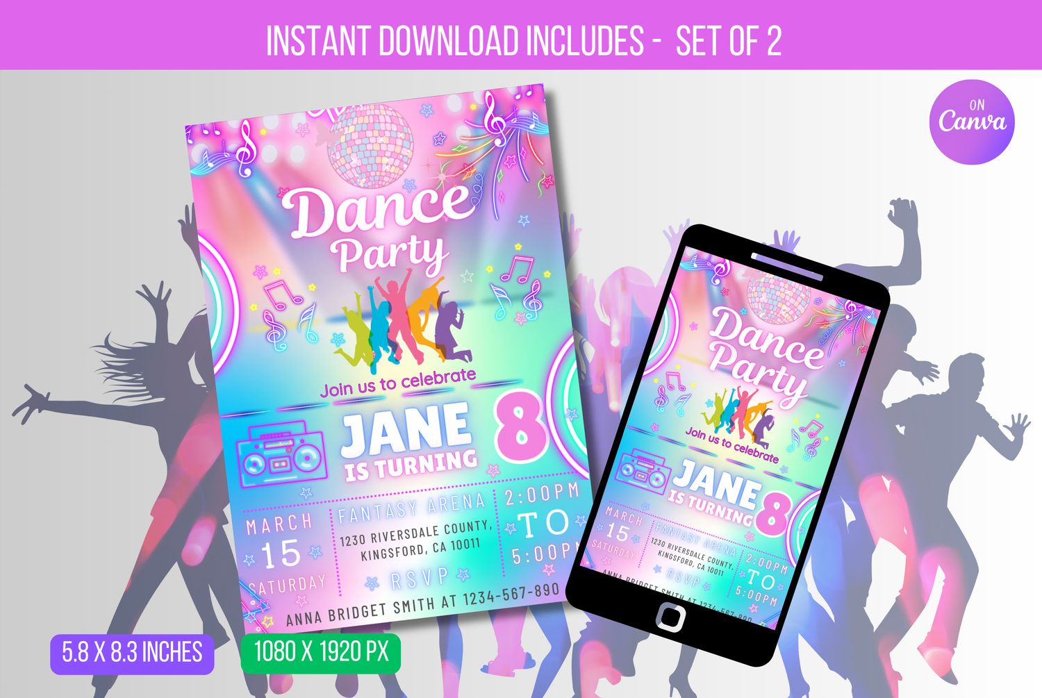 EDITABLE Dance Party Invitation, Neon Dance Party Invitation, Glow Tie Dye Dance Party Neon Glow Disco Dance Party Instant Download