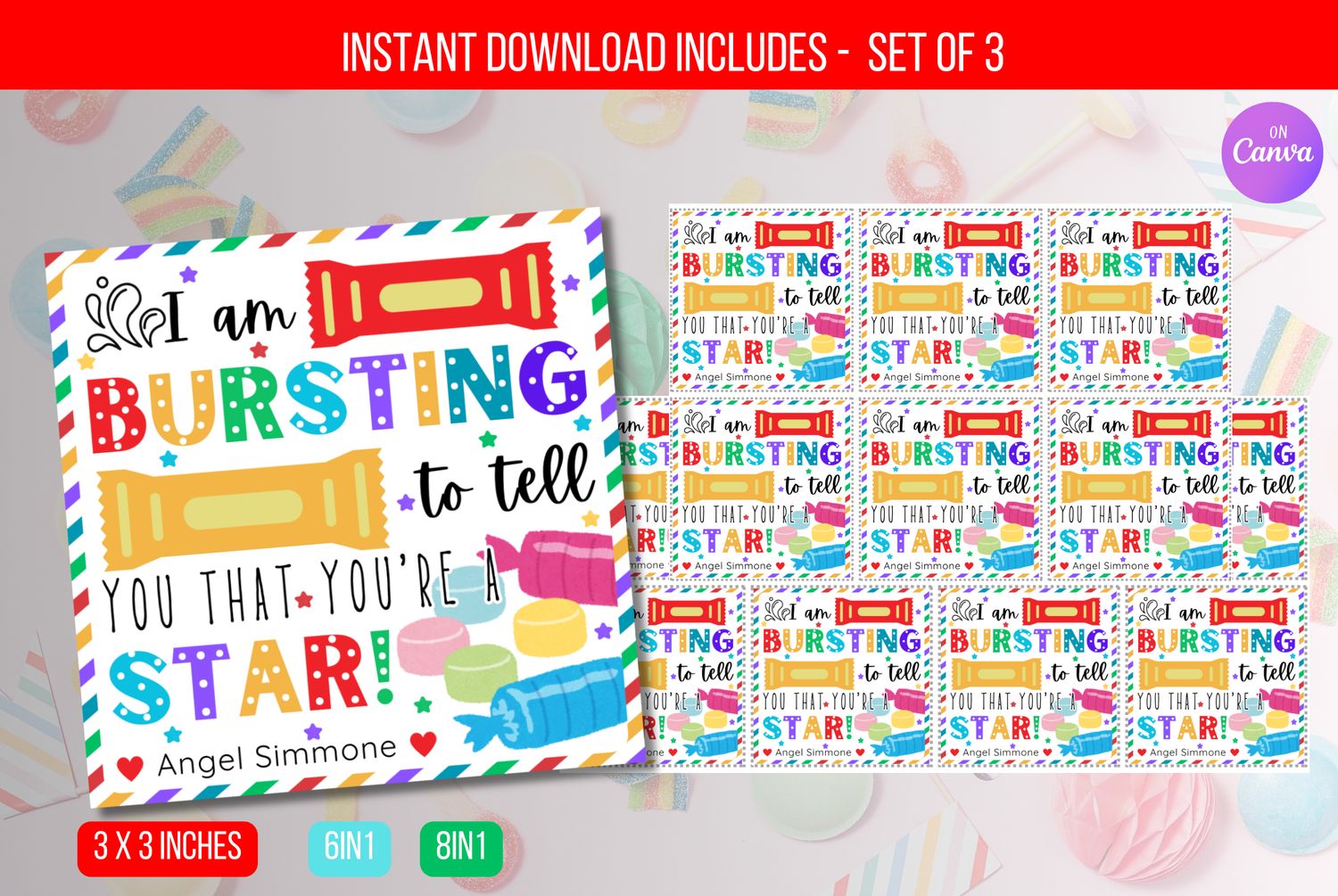 EDITABLE Bursting To Tell You Are A Star Gift Tag, Employee Appreciation Teacher Friend Cheerleader Co-Worker Candy Bag Treat Tag Download