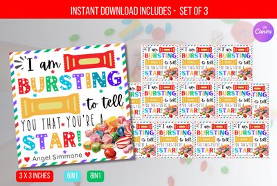 EDITABLE Bursting To Tell You Are A Star Gift Tag, Employee Appreciation Teacher Friend Cheerleader Co-Worker Candy Bag Treat Tag Download