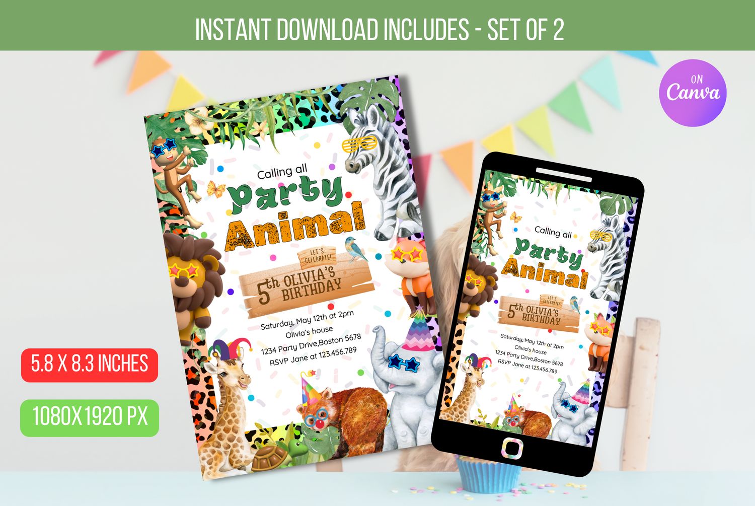 Editable Party Animals Birthday Invitation, Birthday Party Invitation with Rainbow Cheetah Print, Leopard Print, and Wild Safari Animals