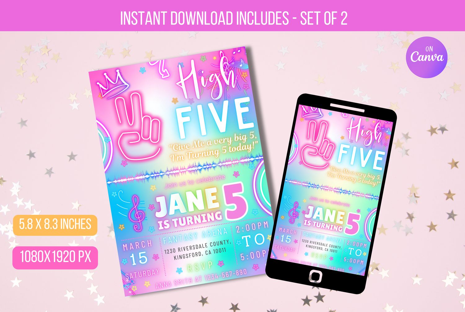 EDITABLE High Five Birthday Party Invitation Neon Glow, Neon E-vite, Hi Five 5th Birthday Party Girls Instant Download