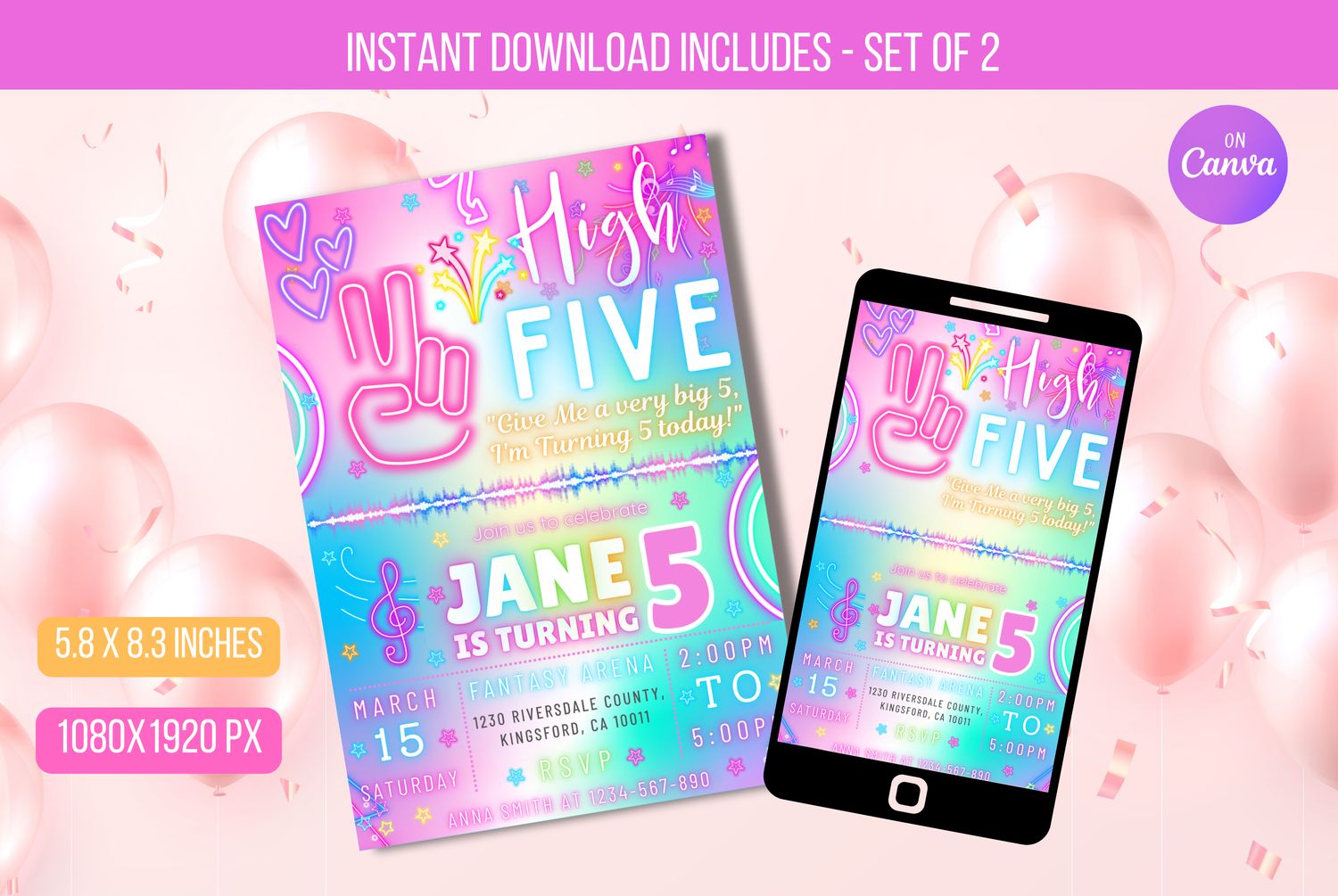 EDITABLE High Five Birthday Party Invitation Neon Glow, Neon E-vite, Hi Five 5th Birthday Party Girls Instant Download