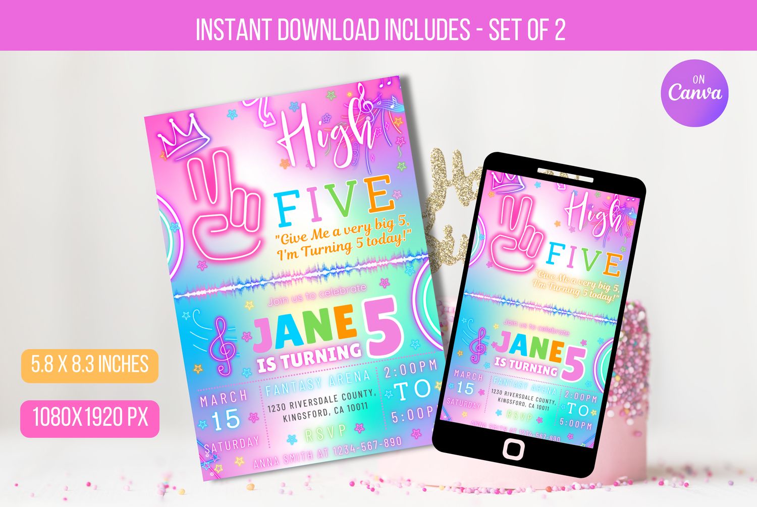 EDITABLE High Five Birthday Party Invitation Neon Glow, Neon E-vite, Hi Five 5th Birthday Party Girls Instant Download