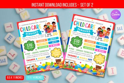 EDITABLE Child Care Flyer Template, Baby Sitting, Playtime Theme, Daycare Play Center, After School Care Children Fun, Instant Download