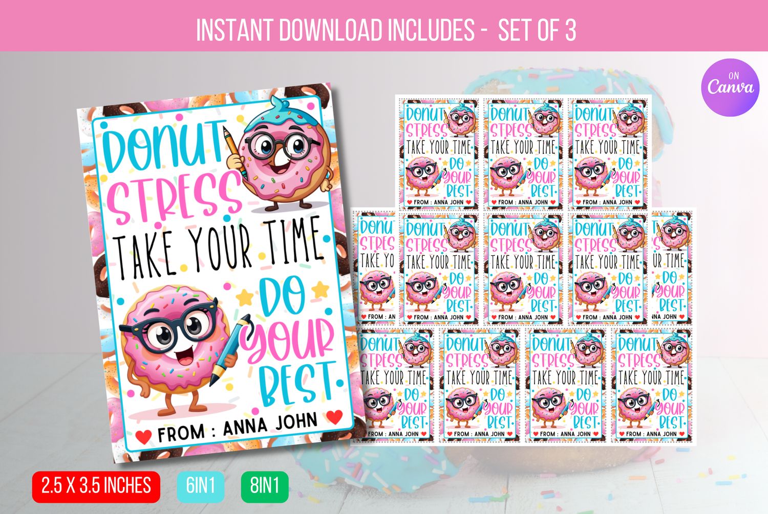 EDITABLE Donut Stress Just Do Your Best,  Testing Day Treat Tag Classroom Donut Tag, PTO Snack Tag Doughnut Teacher Instant Download