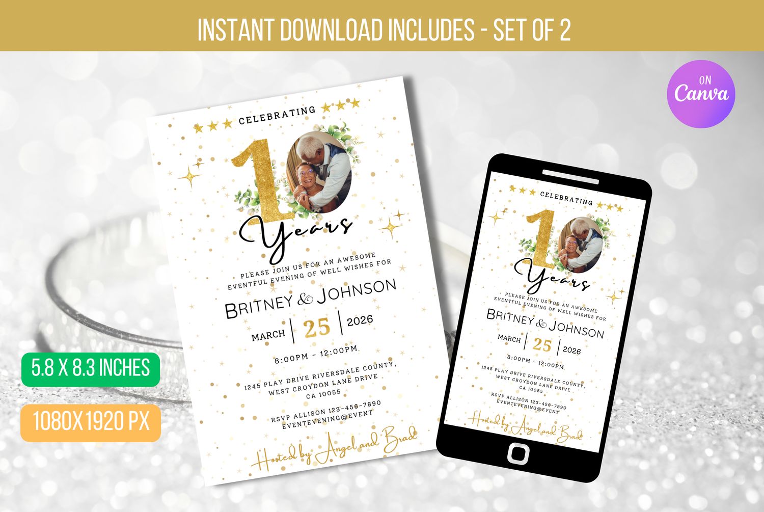 EDITABLE 50 years Wedding Anniversary Invitation, White and Gold Invite, Modern Gold Confetti Anniversary Invite Template Instant Download