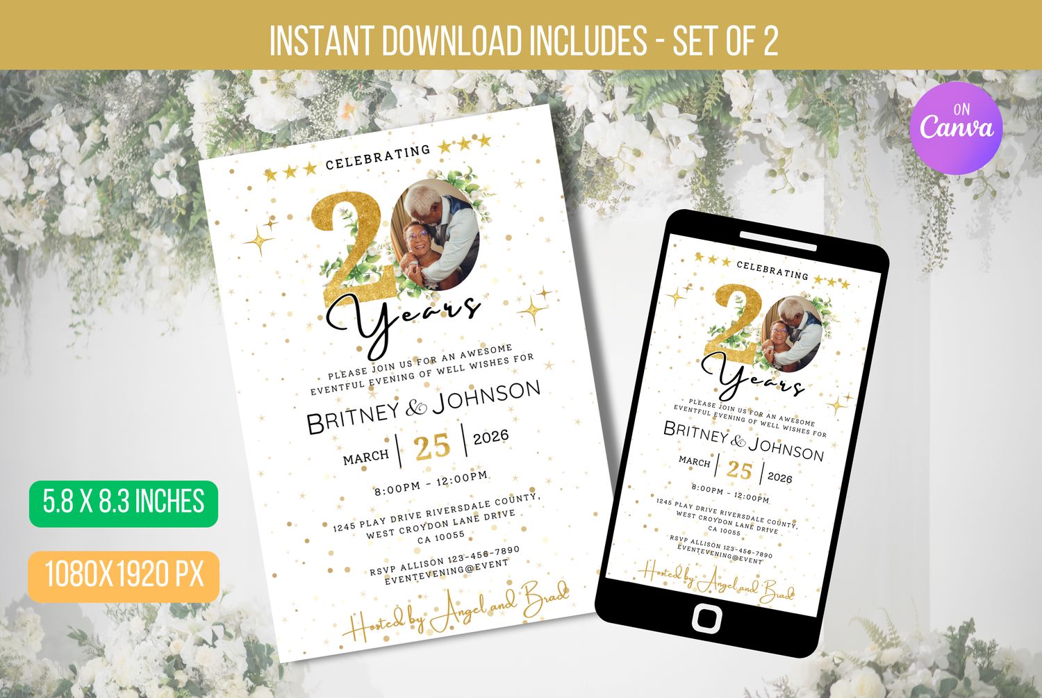 EDITABLE 50 years Wedding Anniversary Invitation, White and Gold Invite, Modern Gold Confetti Anniversary Invite Template Instant Download