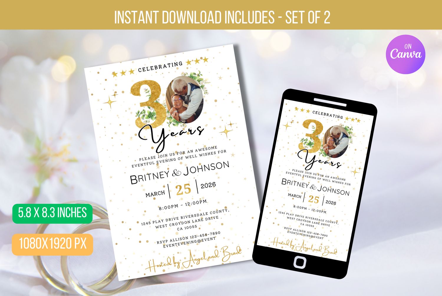 EDITABLE 50 years Wedding Anniversary Invitation, White and Gold Invite, Modern Gold Confetti Anniversary Invite Template Instant Download