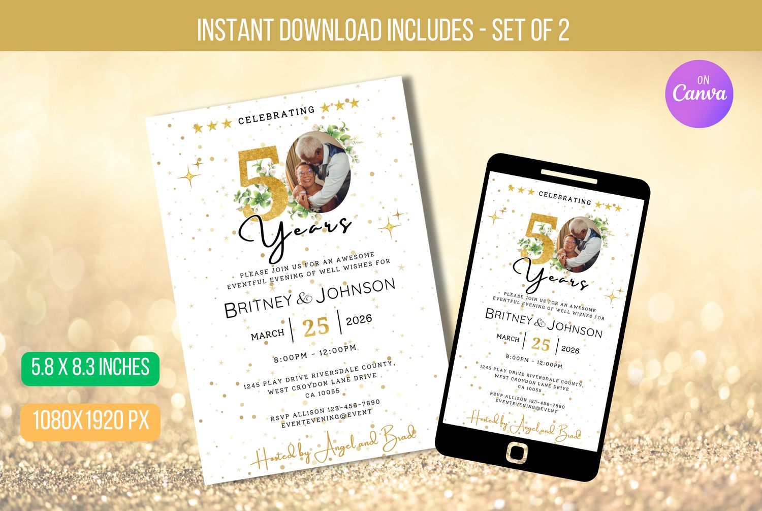 EDITABLE 50 years Wedding Anniversary Invitation, White and Gold Invite, Modern Gold Confetti Anniversary Invite Template Instant Download