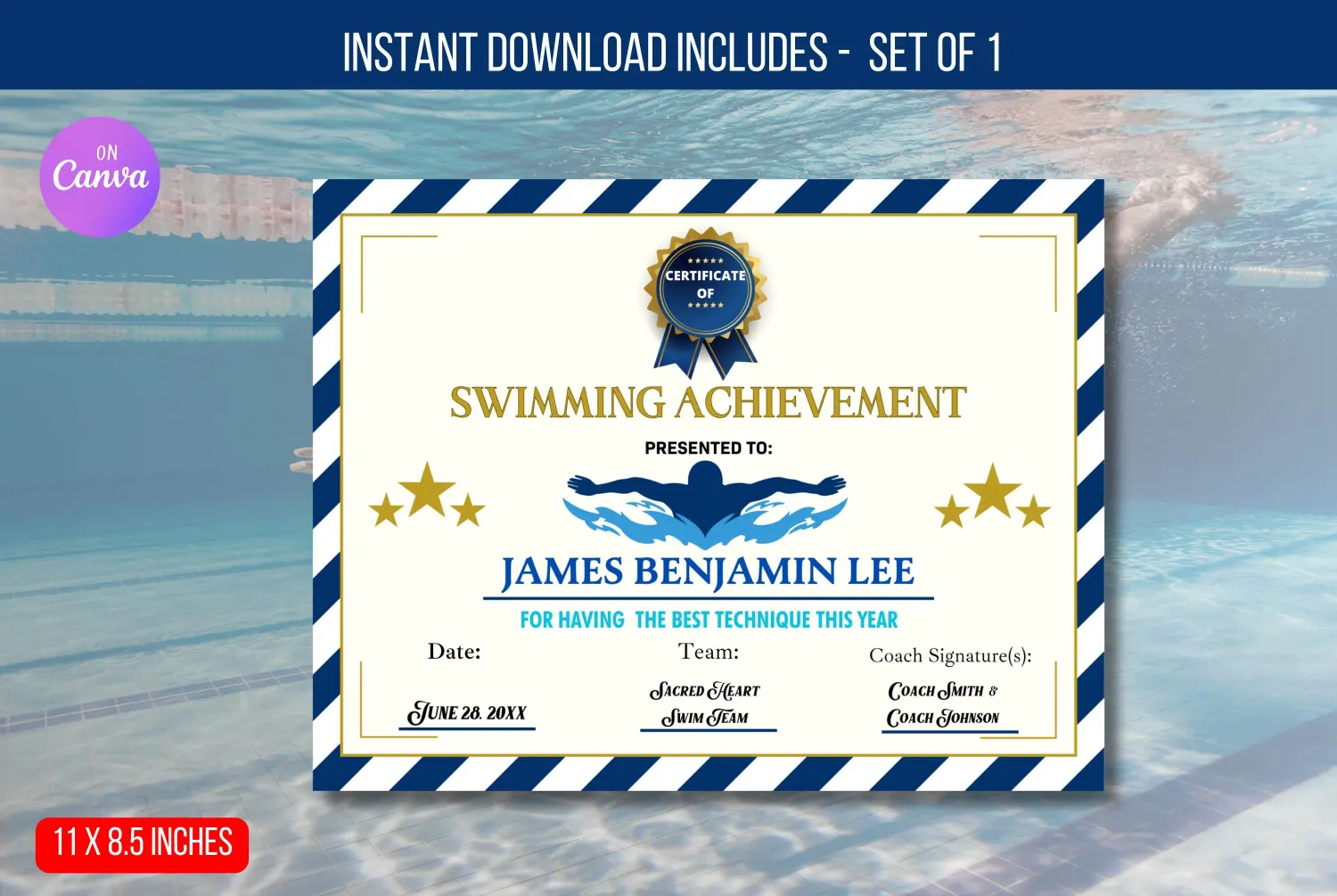 EDITABLE Swimming Award, Swimming Achievement, Swimming Certificate Template, Swim Promotion Template, Sports Award Digital Instant Download