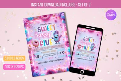 EDITABLE Sweet Sassy And Five Birthday Party Invitation, Candy sweet sassy and 5th birthday invite Instant Download