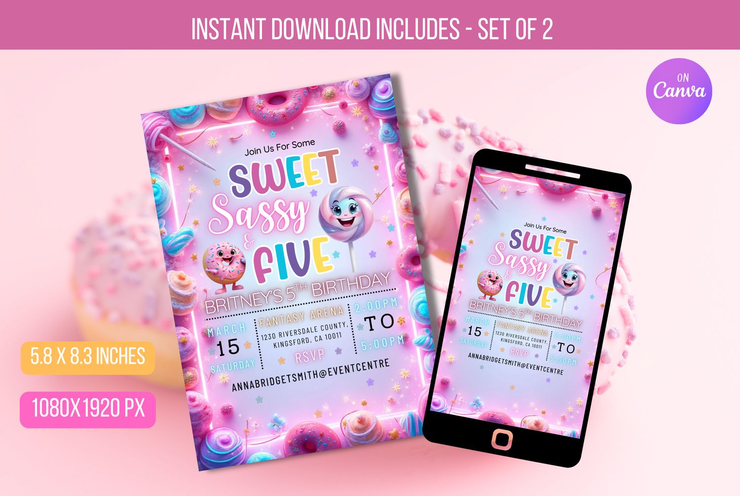 EDITABLE Sweet Sassy And Five Birthday Party Invitation, Candy sweet sassy and 5th birthday invite Instant Download