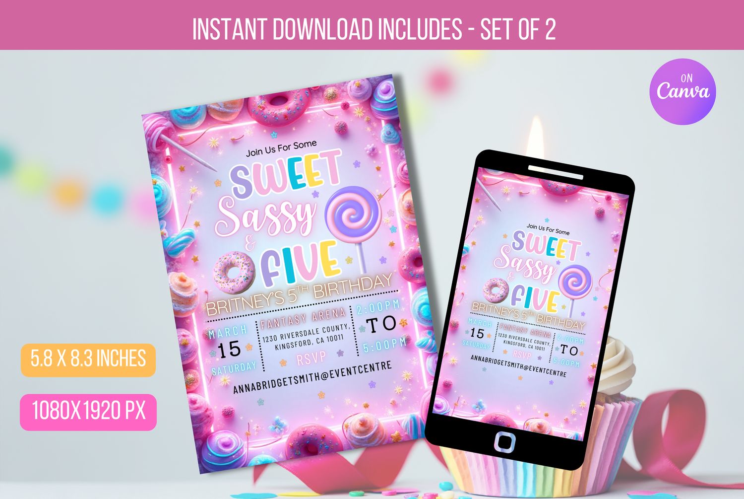 EDITABLE Sweet Sassy And Five Birthday Party Invitation, Candy sweet sassy and 5th birthday invite Instant Download