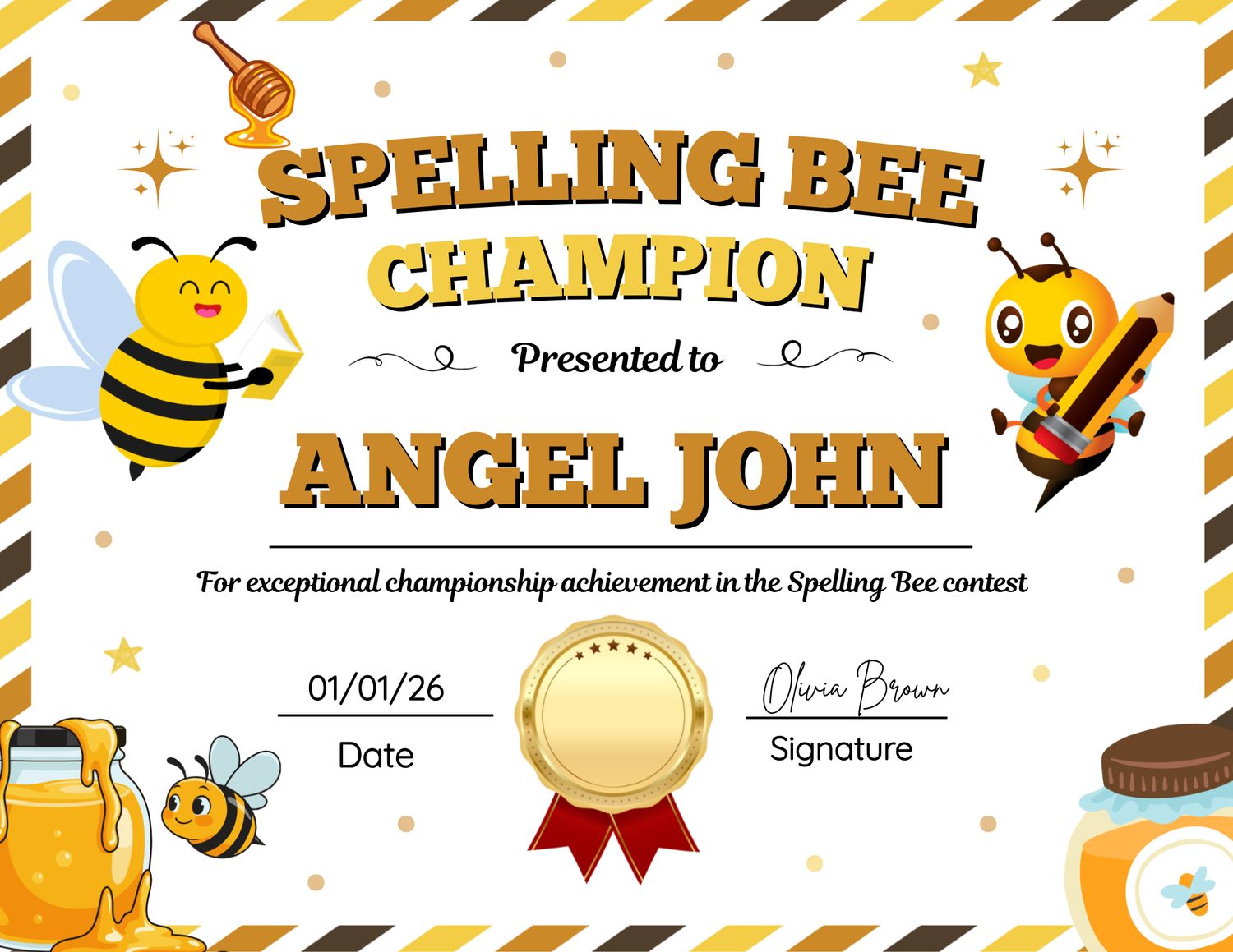 Golden Bee Spelling Champion Certificate Template