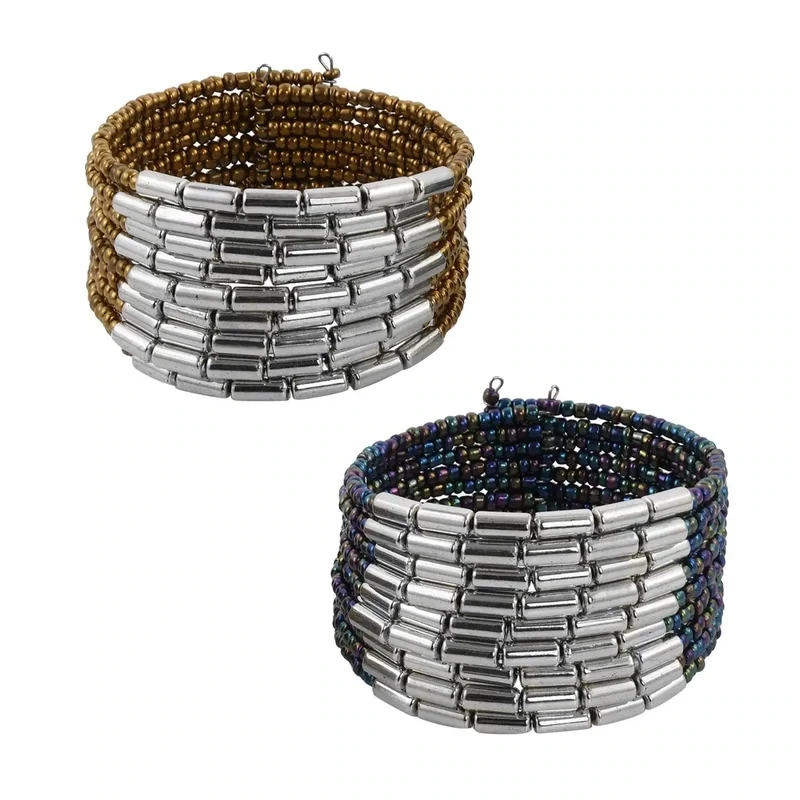 Blue and Golden Seed Beaded Cuff Bracelet (Adjustable)